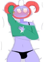 1boy 1femboy anthro bed blush bulge cartoony clothed clothing crop_top dakimakura digital_drawing_(artwork) digital_media_(artwork) femboy femboy_only horn horns laying_down laying_on_bed lying lying_on_back male male_only navel oc on_back on_bed original original_character panties ram ram_horn ram_horns relaxing self_upload sexy shaded sheep sheep_horns shirt smile smiling solo solo_male suggestive thick_thighs thong topwear underwear white_hair