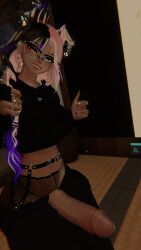 1futa 3d big_penis clothed cropped_hoodie dim_lighting fishnet_legwear futa_only futanari glasses self_upload smile sole_female solo tan_skin thumbs_up vrchat vrchat_avatar