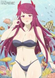 1girls :d absurdres alternate_costume ass_visible_through_thighs bandeau bare_arms bare_shoulders bare_thighs beauty_mark bikini blue_bikini blue_swimsuit breasts cleavage collarbone cowboy_shot female female_only fire_emblem fire_emblem_engage fish hand_up highres ivy_(fire_emblem) large_breasts long_hair looking_at_viewer mole mole_under_mouth nintendo open_mouth pink_eyes purple_eyes purple_hair smile solo strapless strapless_bikini swimsuit tak0baka thighs underwater very_long_hair