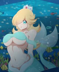 1girls big_breasts blue_tail crown female female_focus jpeg mario_(series) mermaid princess_rosalina tail underwater wah-ngt water