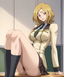 ai_generated big_ass big_breasts big_butt blonde_hair blue_eyes code_geass curvy curvy_body curvy_female curvy_figure female female_focus female_only large_breasts long_legs milly_ashford necktie retair18 school school_desk school_girl school_uniform schoolgirl short_skirt skirt smile thick_ass thick_legs thick_thighs tie wide_hips