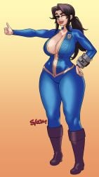 1girls big_breasts cleavage fallout fallout_(series) fallout_(tv_series) lucy_maclean skom_(artist) solo thick_thighs thumbs_up vault_suit