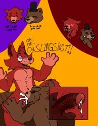 anthro bear bodily_fluids canid canine cum digital_media_(artwork) duo english_text five_nights_at_freddy's fox foxy_(fnaf) freddy_(fnaf) furry genital_fluids genitals hi_res male male/male mammal nasthane penis scottgames text