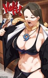 1boy 1girl artist_name bare_midriff belly belly_button big_breasts bikini black_bra black_clothes black_hair black_jacket black_panties black_underwear blush bra breasts brown_hair capcom cleavage clothing courtroom earrings english_text exhibitionism eyes_closed female flashing flashing_at_viewer flashing_breasts formal gyakuten_saiban indoors jacket jewelry large_breasts lawyer long_hair magatama magatama_necklace male mature_female mature_woman mia_fey midriff mole mole_under_mouth naruhodou_ryuuichi navel necklace necktie open_clothes open_jacket open_mouth orphen panties phoenix_wright pinkseito public scarf shirt solo_focus speech_bubble stripping suit swimsuit tagme text thighs tummy underwear undressing white_shirt woman wooden_floor yellow_scarf