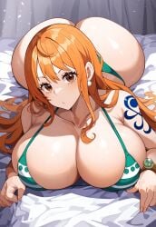 ai_generated arched_back artist_request ass_up bed bikini female female_only huge_ass huge_breasts large_ass large_breasts lubbasdump lying_down lying_on_bed nami nami_(one_piece) one_piece orange_hair wide_hips