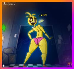 agonywelds animatronic_female ass five_nights_at_freddy's five_nights_at_freddy's_2 fnaf hands_on_hips lighting looking_at_viewer lower_view robot robot_girl sfw text thick_ass thick_thighs thighs toy_chica_(fnaf)