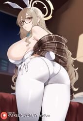 :o ai_generated akane_(blue_archive) ass ass_focus blonde_hair blue_archive brown_eyes bunnysuit from_behind from_below glasses half-closed_eyes large_breasts long_hair looking_back pantyhose playboy_bunny primosan standing white_pantyhose