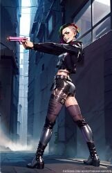 1futa ai_generated armored_boots crazy_eyes cyberpunk futa_only futanari goth green_eyes gun looking_at_viewer piercing rainbow_hair tattoo