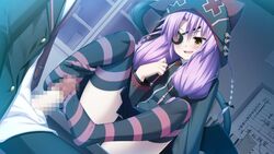 arisa_suou blush censored eye_patch footjob footjob_with_footwear footjob_with_legwear game_cg purple_hair soukoku_no_arterial stockings striped striped_legwear thighhighs yakuri