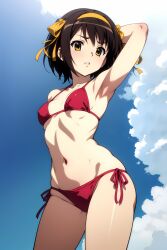 1girls ai_generated armpits bikini brown_eyes brown_hair cloud hair_ribbon outdoors side-tie_bikini sky suzumiya_haruhi suzumiya_haruhi_no_yuuutsu