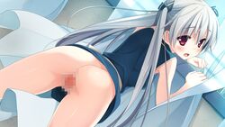 blush censored cube game_cg gray_hair kanekiyo_miwa kurano-kunchi_no_futago_jijou kurano_tomoka nopan red_eyes vagina