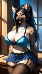 ai_generated animal_ears animal_humanoid anthro ass big_breasts blue_eyes chest_tuft collar cute female female_only furry furry_ass furry_breasts furry_ears furry_female furry_only furry_tail hands_on_thighs hi_res hyena hyenaloverai mammal nai_diffusion non-human_areolae seductive sitting stable_diffusion tongue tongue_out