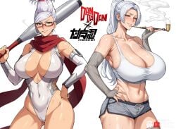 2girls ai_generated ayase_seiko breasts crossover dandadan gilf glasses grandmother green_eyes hanajisensei inage_natsu mature mature_female milf taimanin_(series) taimanin_rpgx taimanin_suit tank_top white_hair 鼻血先生