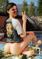 3d 3d_(artwork) 3d_render 3dx addictedbud baggy_shirt barefoot blender blender_(software) blender_cycles coffee coffee_cup coffee_mug feet glasses hand_on_knee lara_croft lara_croft_(classic) leg_cross light-skinned_female light_skin looking_at_viewer looking_back looking_over_eyewear looking_over_sunglasses morning panties_removed ponytail ponytail_female pool poolside sitting sitting_down solo solo_female solo_focus sunglasses tinted_eyewear tomb_raider video_game_character