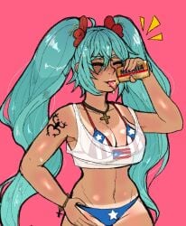 1girls asian_latina beer beer_can bikini blue_hair can closed_eyes clothing dark-skinned_female flag_bikini flowers_in_hair hair_ornament hatsune_miku holding_object latin_american_hatsune_miku_(meme) medalla_(beer) puerto_rican puerto_rican_flag puerto_rican_miku rosellia00 see-through see-through_clothing simple_background suggestive_fluid suspicious_looking_liquid tan_body tanlines tattoo tongue_out twintails vocaloid wet_shirt wristwear