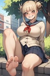 ai_generated bangs bare_legs barefoot blonde_hair blue_skirt blunt_bangs blush breasts cardigan day double_bun feet female foot_focus foreshortening grin hair_bun himiko_toga juswa large_breasts legs long_sleeves looking_at_viewer my_hero_academia nail_polish neckerchief outdoors patreon_username pleated_skirt red_nails red_neckerchief sailor_collar school_uniform serafuku sidelocks sitting skirt smile soles solo teeth thighs toenail_polish toenails toes toga_himiko tree yellow_cardigan yellow_eyes