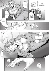 asleep business_attire business_suit business_woman clothed clothed_female clothed_male couch doujinshi drugged falling_asleep hard_translated imminent_molestation jyoka office office_lady original ponytail sleeping sleepy tired translated