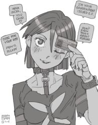 1girls 2024 birch_small bracelet collar dark_hair fingernails goth goth_girl government_employee government_issued_gf greyscale holding_card id_card imminent_sex magi my_life_me nail_polish name_calling short_hair smiling smiling_at_viewer speech_bubble winking_at_viewer