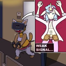 accident accidental_exposure aggressive_retsuko aggretsuko apartment bra clothing controller door doorway equid equine genitals horn mammal mythological_creature mythological_equine mythology night panties pussy retsuko sanrio sports_bra sweatpants underwear unicorn video_games virtual_reality vr_headset walking wardrobe_malfunction