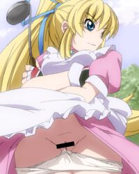 blonde_hair blue_eyes censored ladle lilith_aileron lowres panties panty_pull pantyshot ponytail pussy tales_of_(series) tales_of_destiny tied_hair tunnel_(artist) underwear upskirt white_panties