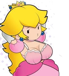 1girls big_breasts blonde_hair bra breasts_out busty child_bearing_hips cleavage curvy dress gloves gosgoz large_breasts long_hair mario_(series) paper_mario paper_peach pose posing princess_peach puckered_lips sensual solo solo_female