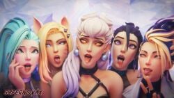 3d 3d_(artwork) 5girls ahe_gao ahri akali blender blonde_hair blue_eyes dark_hair earrings evelynn harness jewelry k/da_all_out_ahri k/da_all_out_series k/da_series kai'sa league_of_legends light-skinned_female light_skin long_hair makeup offscreen_character peace_sign purple_eyes seraphine_(league_of_legends) supernovax