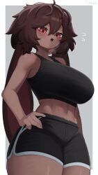 1girls 2024 anthro big_breasts bini_(woobin94) blush brown_fur brown_hair female female_only fur furry hand_on_hip hi_res lagomorph leporid looking_at_viewer omeki red_eyes solo steamy_breath thick_thighs workout_clothes