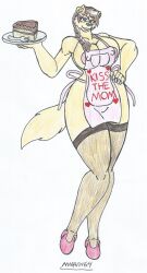 anthro apron_only beige_fur big_breasts big_hips blue_eyes braided_hair brown_hair chubby_belly dessert dog_humanoid earrings food furry hand_on_hip high_heels looking_at_viewer mama_bella_(waifuland) marlon64 mature_anthro mature_female mature_woman milf naked_apron naked_female naked_stockings naked_with_shoes_on nylons solo_female text_on_clothing traditional_drawing_(artwork) waifuland