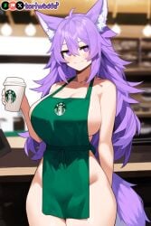 1girls ai_generated apron big_breasts breasts coffee curvy cute dog_ears dog_girl doggirl female female_focus female_only highres hips huge_boobs huge_breasts kemonomimi light_skin light_skinned_female long_hair milk naked_apron patreon_username petgirl purple_ears purple_eyes purple_hair purple_tail standing starbucks thick_thighs thighs tori toriwoofs watermark wavy_hair white_skin white_skinned_female wide_hips wolf_ears