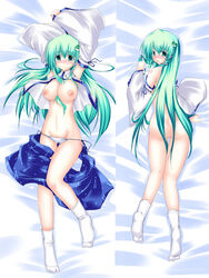 anklehighs ass bare_shoulders between_breasts blush bottomless breasts dakimakura detached_sleeves female footwear frog green_eyes green_hair hair_between_breasts hair_ornament highres long_hair looking_back lying nipples no_panties on_stomach open_clothes open_shirt panties pussy sanae_kochiya sesield shirt snake socks tabi tears touhou uncensored underwear white_socks