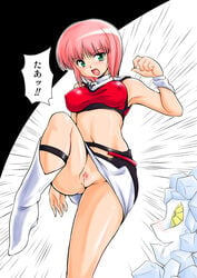 1girls boots erect_nipples fat_mons female female_only freckles green_eyes innie_pussy kick kicking midriff morimoto_momoko navel nipples no_panties pink_hair pubic_hair pussy ryumage translation_request uncensored upskirt wingman