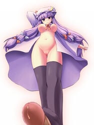 bottomless bow breasts censored feet footjob footjob_with_legwear foreshortening hat highres long_hair looking_down nipples no_panties nude patchouli_knowledge penis precum purple_hair pussy ribbon small_penis standing standing_footjob tdk thighhighs touhou very_long_hair