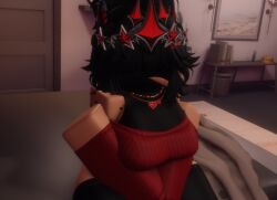 1girls 3d big_breasts black_hair black_thighhighs crown earrings female female_focus female_only hands_in_lap headless light-skinned_female looking_at_viewer necklace niki_okarin roblox roblox_avatar robloxian shoulderless_shirt shoulders solo thick_thighs thighhighs thighs valkyrie_helm