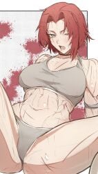 1girls abs breasts choker gebura_(lobotomy_corporation) grey_eyes library_of_ruina lobotomy_corporation looking_at_viewer muscular one_eye_closed project_moon red_hair scar short_hair spread_legs sweat underwear