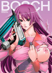 1girls bakemonogatari blue_eyes breasts bust fei_(maidoll) female fingernails gun large_breasts lips long_hair long_nails looking_at_viewer monogatari_(series) nail_gun nail_polish necktie nipples parted_lips pink_nails purple_hair school_uniform senjougahara_hitagi solo tearing_clothes torn_clothes trigger_discipline weapon