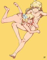 1boy 2022 :d aether_(genshin_impact) ass_grab barefoot blonde_hair blush braid braided_ponytail brother_and_sister closed_mouth collarbone completely_nude dated feet female flower genshin_impact hair_flower hair_ornament hand_on_own_cheek hand_on_own_face highres incest long_hair looking_at_viewer lumine_(genshin_impact) lying lying_on_person magi medium_hair nude on_stomach open_mouth parted_lips penis siblings simple_background smile spread_legs testicles thighs toes twincest twins uncensored yellow_background yellow_eyes