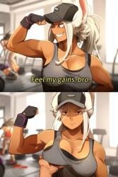 1boy 1girls armpits baseball_cap boku_no_hero_academia breast_grab bunny_ears characterful death_stare dialogue disappointed femdom flexing flexing_arms flexing_bicep flexing_muscles funny go_on_feel_it_(meme) gym gym_clothes khyleri malesub meme minoru_mineta miruko momo_yaoyorozu muscular_female my_hero_academia rumi_usagiyama text tomboy trucker_hat white_hair