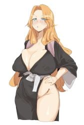 1girls black_kimono bleach blue_eyes blush blush_lines breast_squeeze breast_squish breasts female ginger ginger_hair hair_over_shoulder half_closed_eyes large_breasts leebongchun long_hair matsumoto_rangiku mature mature_female mole mole_under_mouth nipple_bulge nipples nipples_visible_through_clothing no_panties no_underwear orange_hair sash solo very_long_hair wavy_hair white_sash