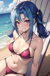 ai_(artist) bikini blue_hair blush female hi_res huge_breasts kamishiro_rio long_hair looking_at_viewer navel red_eyes rio_kamishiro smile solo summer twintails yu-gi-oh! yu-gi-oh!_zexal