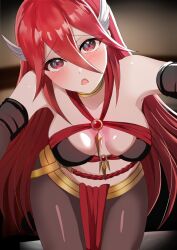 1girls alternate_costume armpits bare_midriff bare_shoulders breasts collarbone cordelia_(fire_emblem) cosplay dancer dorothea_arnault_(cosplay) feather_hair_ornament female female_only fire_emblem fire_emblem_awakening fire_emblem_heroes glowing hair_between_eyes hair_ornament indoors medium_breasts midriff nintendo pantyhose pelvic_curtain plegian reaching_out reaching_towards_viewer red_eyes red_hair shoulders solo tara_(szzj7733) very_long_hair