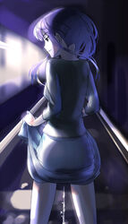 female bakemonogatari monogatari_(series) oyamada_musshu peeing purple_hair railroad_tracks senjougahara_hitagi skirt skirt_lift train train_tracks