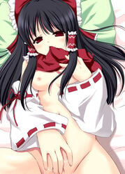 black_hair bow breasts detached_sleeves female female_only human long_hair masturbation nipples pote_(haiharaai) pussy_juice red_eyes reimu_hakurei solo touhou