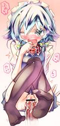 blue_hair blush bow censored collar cum cum_inside hairbow maid_headdress multicolored_hair no_panties penis pussy sakuya_izayoi sex short_hair thighhighs tora touhou wink