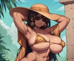 ai_generated armpits bikini brown-tinted_eyewear chel golden_bikini massive_breasts nipple_bulge smiling smogai sun_hat sunglasses the_road_to_el_dorado tinted_eyewear