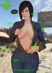 1girls 3d armwear bethesda_softworks black_hair black_nails blender bodysuit breasts cleavage clothing computer dark_hair electronics english_text fallout fallout_4 female female_only female_protagonist footwear gameplay_mechanics green_eyes gui human jumpsuit large_breasts lip_piercing navel outdoors pale-skinned_female pale_skin piercing pip-boy seductive seductive_smile self-upload short_hair slut smile sole_survivor sole_survivor_(female) solo speech_bubble standing talking_to_viewer tanline teasing teasing_viewer text v.a.t.s. vats vault_dweller vault_girl vault_meat vault_suit wristwear your__waifu