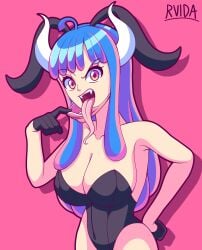 big_breasts blue_hair bunny_ears bunny_girl bunnysuit fangs female female_only horns long_tongue mouth_mask one_piece pink_hair rvida tongue two_tone_hair ulti_(one_piece)