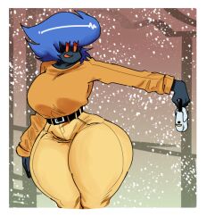 belt big_ass big_breasts black_body black_skin blue_hair built orange_eyes orange_sweater oreng_(theyadari) purse randidesu randoodlesyay shiny_hair slim_waist snow thelegitbeangi thick_thighs wide_hips yellow_pants