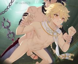 2boys aether_(genshin_impact) black_hair blonde_hair blush braid censored completely_nude earrings finch0023 finch_(blanc1771) genshin_impact grey_hair hair_between_eyes hair_ornament jewelry long_hair male_focus multiple_boys navel nipples nude penis scarf sex sex_from_behind stomach testicles white_scarf wriothesley_(genshin_impact) yaoi yellow_eyes