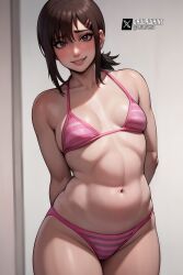 1girls ai_generated belly bikini brown_eyes brown_hair chainsaw_man cleavage cute daulawkins flat_chest higashiyama_kobeni looking_at_viewer navel parted_lips ponytail small_breasts smile smiling_at_viewer solo stable_diffusion striped_panties thick thighs