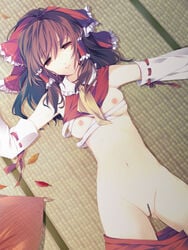 1girls bottomless breasts brown_eyes brown_hair censored detached_sleeves female highres kage_(artist) leaf leaves lying navel nipples no_panties pillow pussy reimu_hakurei sarashi small_breasts solo touhou undone_sarashi